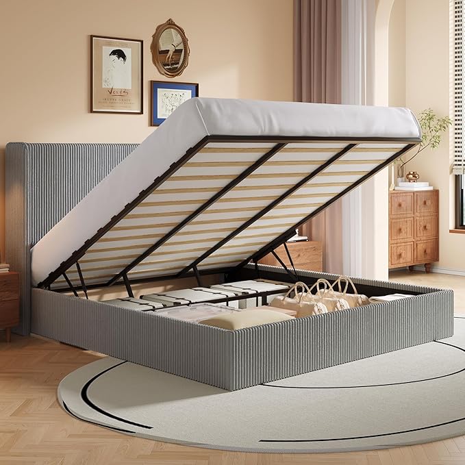 SHA CERLIN King Size Lift Up Storage Bed Frame, Modern Upholstered Wingback Headboard, Hydraulic Support & Underneath Storage, Soft Corduroy Fabric Platform Bed, No Box Spring Needed, Light Grey