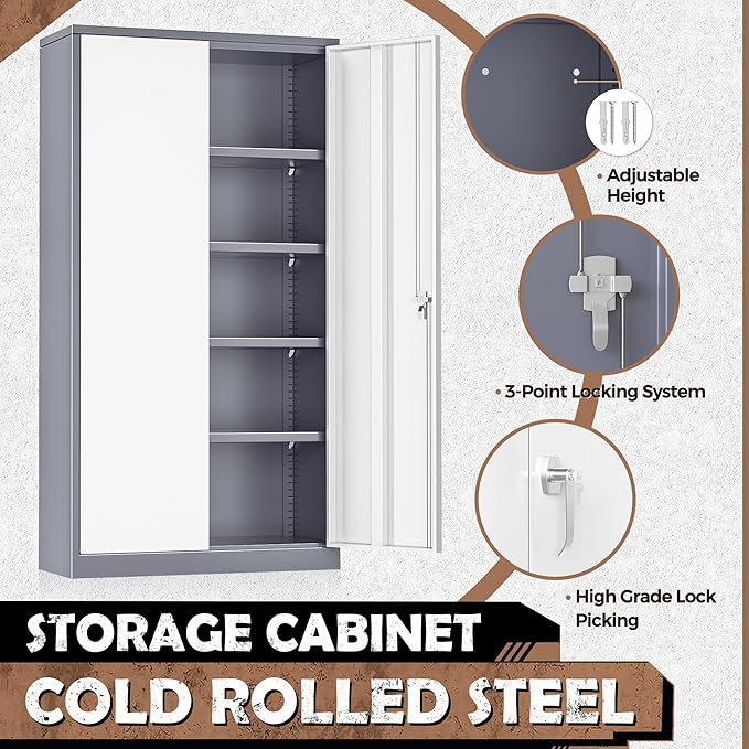 INTERGREAT Metal Lockable Storage Cabinet, 72” H Storage Cabinets with 2 Doors and 4 Adjustable Shelves for Office, Home, Garage, Pantry (Assembly Required, Gray White)