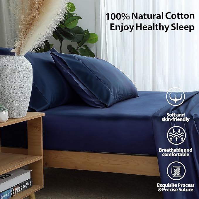 2-Pack Pure Cotton Fitted Sheet King Size, 600 Thread Count 16" Deep Pocket Egyptian Cotton Fitted Sheet (2pcs, King, Navy Blue)