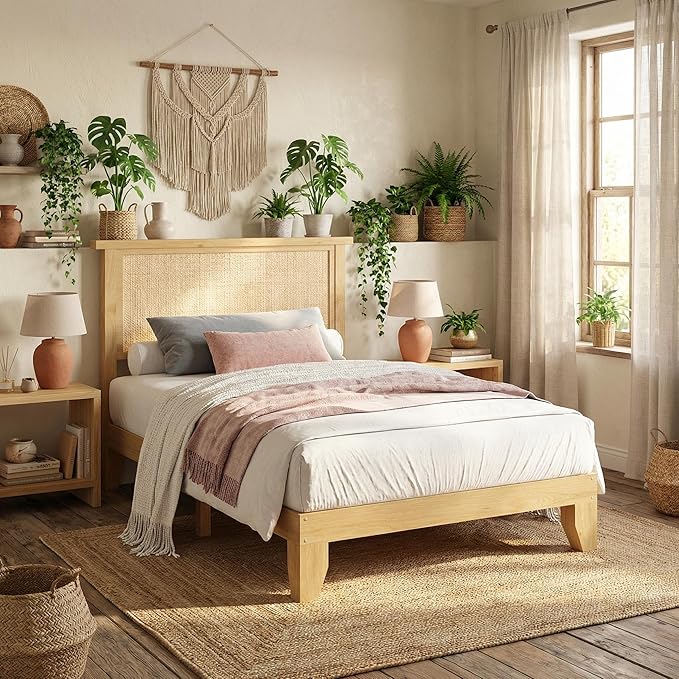 IDEALHOUSE Rattan Bed Frame Twin Size with Natural Rattan Headboard & LED Lights, Wood Twin Bed Frame with Solid Wood Foundation, No Box Spring Needed, Natural