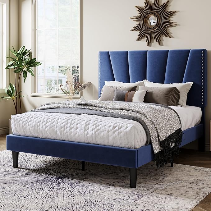 Allewie Full Size Bed Frame with Adjustable Velvet Upholstered Headboard, Rivet-Style Nailhead Trim Detail Platform Bed Frame, Wooden Slat Support, No Box Spring Needed, Easy Assembly, Blue
