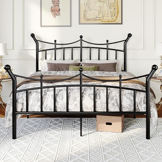 Allewie 14 Inches Full Size Metal Platform Bed Frame with Elegant Crown Iron-Art Headboard & Footboard, Sturdy Mattress Foundation with Under-Bed Storage, Easy Assembly, No Box Spring Needed, Black