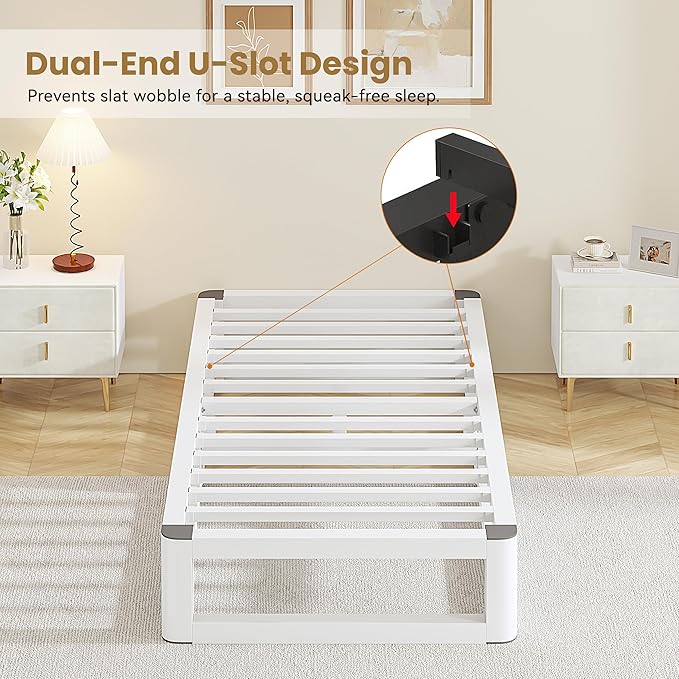 10 Inch Twin Bed Frames with Rounded Corner and Squeak Free U-Slot Design, Metal Platform Bed Frames 6 Non-Slip Guards, 3500lbs Heavy Duty Steel Slat Support, No Box Spring Needed, White