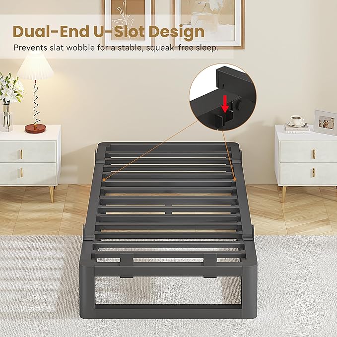 10 Inch Twin Bed Frames with Rounded Corner and Squeak Free U-Slot Design, Metal Platform Bed Frames 6 Non-Slip Guards, 3500lbs Heavy Duty Steel Slat Support, No Box Spring Needed, Black