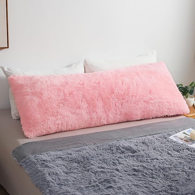 MEGO Pink Faux Fur Body Pillow Cover, 20x54, Fluffy Plush Pillowcase