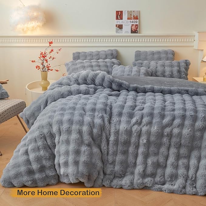 LIFEREVO Fluffy Faux Rabbit Fur Body Pillow Cover, Soft Cute Bubble Shaggy Plush Bed Body Pillowcase with Zipper Closure, Long 20"x54" Fuzzy Furry Pillow Case for Pregnancy Side Sleeper, Light Grey