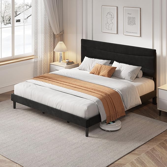 IDEALHOUSE King Size Upholstered Platform Bed Frame with Ergonomic Headboard, Beige Soft Fabric, Heavy Duty Wooden Slats, Noise-Free, 6.3" Underbed Storage, No Box Spring Needed, Easy Assembly