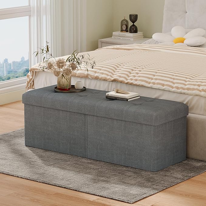 JIUYOTREE 31.5 Inches Ottoman with Storage Bench, Foldable Footstool, Ottoman Foot Rest, End of Bed Bench, Multi-Functional Seat, Storage Chest for Living Room, Bedroom, Entryway (Gray)
