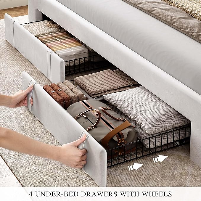 YITAHOME Queen Size Bed Frame with Adjustable Headboard, 4 Storage Drawers and RGB LED Lights, Velvet Upholstered Platform Bed with USB Ports, No Box Spring Needed, Fast Assembly, Noise-Free, White