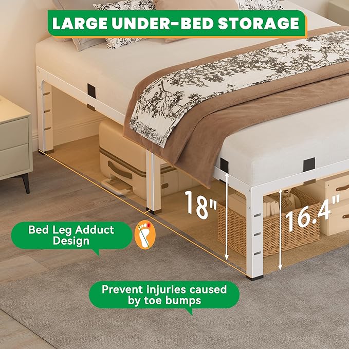 18 Inch Full Size Bed Frames, Heavy Duty Metal Platform 3500 lbs Capacity, No Box Spring Needed, 6 Mattress Slide Stopper, Headboard Holes, Noise-Free, Easy Assembly, White