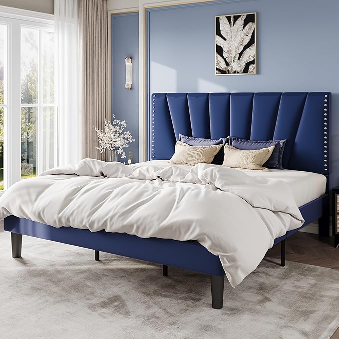 SHA CERLIN King Size Bed Frame with Adjustable Upholstered Velvet Rivets Headboard, Sturdy Wooden Slats, Strong Platform Support for Mattress, No Box Spring Needed, Easy Assembly, Blue