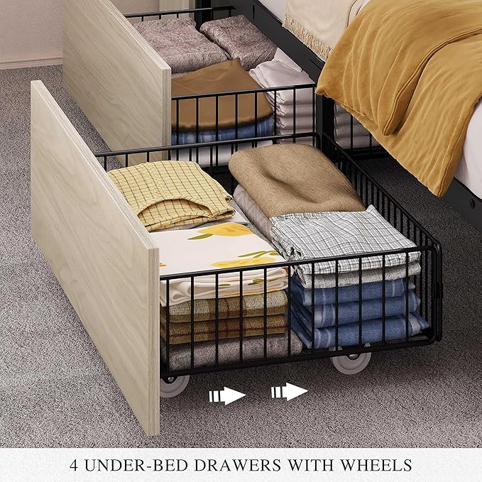 YITAHOME Farmhouse Queen Size Bed with Storage Bookcase Headboard, Sliding Barn Door, 4 Storage Drawers, RGB LED Bed Frame with USB Charging Station, No Box Spring Needed, Antique White