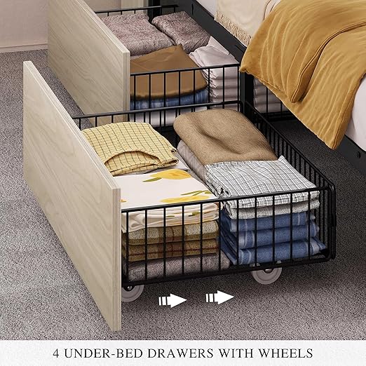 DWVO Farmhouse Queen Size Bed Frame with Storage Bookcase Headboard, Sliding Barn Door, 4 Storage Drawers, RGB LED Bed Frame with USB Charging Station, No Box Spring Needed, Antique White