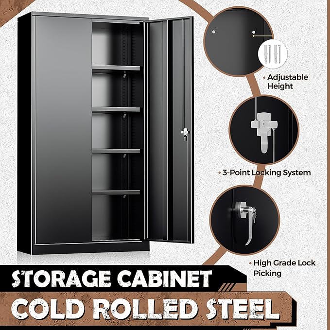 INTERGREAT Metal Storage Cabinet, 72” Storage Cabinet with 2 Doors and 4 Adjustable Shelves for Office, Home, Garage, Pantry (Assembly Required, 18”D, Black)