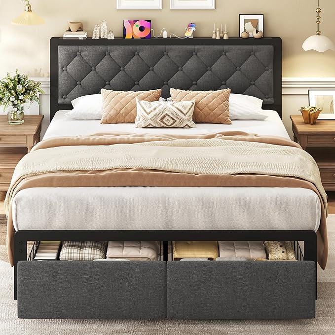 Fluest Queen Bed Frame with 2 Storage Drawers, Upholstered Headboard Button Tufted Bed Frame with Charging Station, No Box Spring Needed, Noise-Free, All Metal Structure, Grey