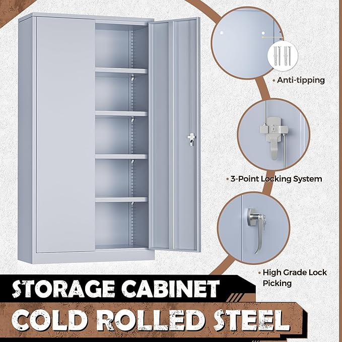 INTERGREAT Tall Metal Storage Cabinet Locking Steel with 4 Adjustable Shelves,72" Lockable Cabinets Lock 2 Doors for Office Garage Supply Home (Cement Gray)