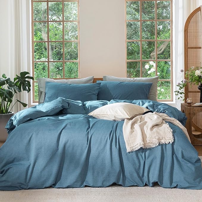 MooMee Bedding Duvet Cover Set 100% Washed Cotton Linen Like Textured Breathable Durable Soft Comfy (Heathered Peacock Blue, Full 80"x90")