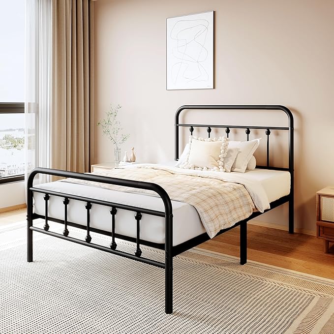 zunatu Twin Size Metal Platform Bed Frame/Victorian Style Headboard and Footboard/Steel Slat Support/Easy Assembly/No Box Spring Needed/Underbed Storage/Noise Free/Black