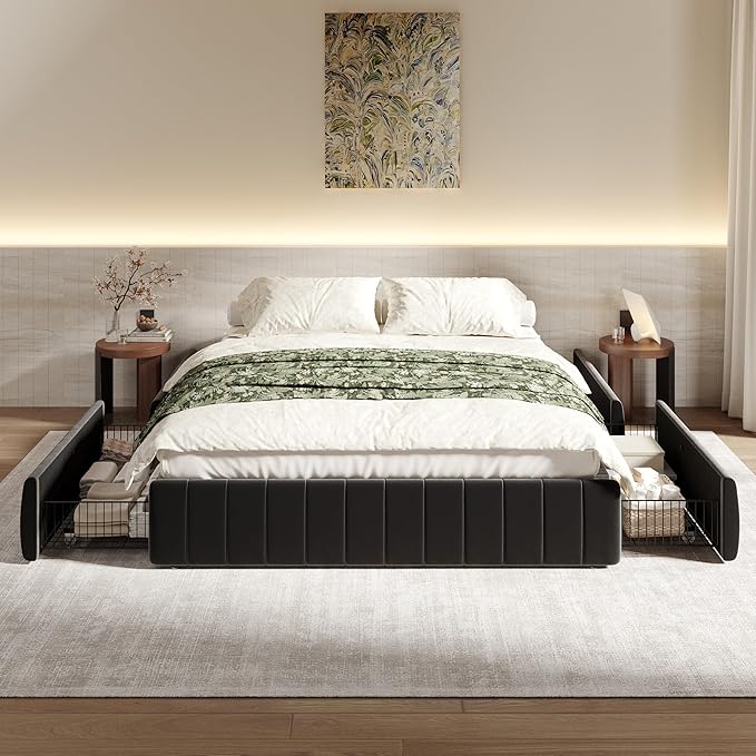 SHA CERLIN Full Size Velvet Upholstered Platform Bed Frame with 4 Storage Drawers, Vertical Channel Tufted, Low Profile, Fits Standard Headboards, Wooden Slats Support, Easy Assembly, Black
