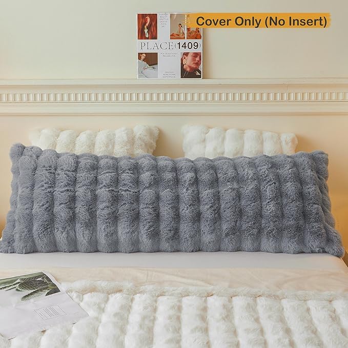 LIFEREVO Fluffy Faux Rabbit Fur Body Pillow Cover, Soft Cute Bubble Shaggy Plush Bed Body Pillowcase with Zipper Closure, Long 20"x54" Fuzzy Furry Pillow Case for Pregnancy Side Sleeper, Light Grey