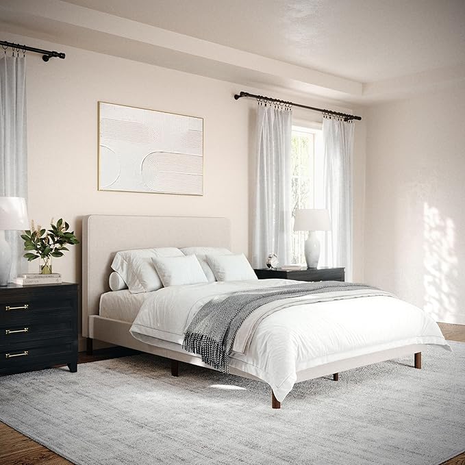Martha Stewart Britta Platform Bed with Headboard & Footboard, Faux Linen Upholstery with Piping Detail, Rounded Headboard, No Box Spring Needed, Full, Beige
