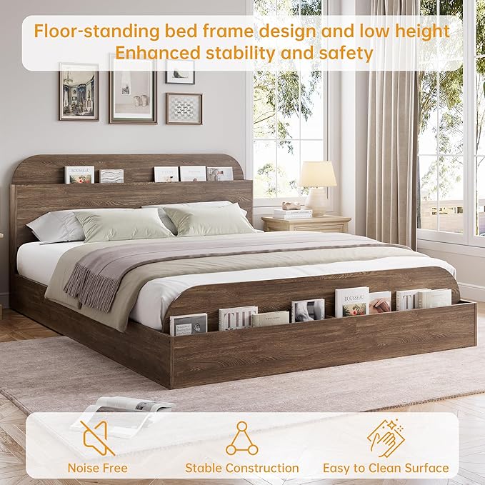 GarveeHome Queen Size Bed Frame, Wooden Beds with Storage Headboard and Raised-Foodboard, Queen-Floor Low Platform Bed for Bedroom, Sturdy Wooden Slats Support, No Box Spring Needed, Walnut