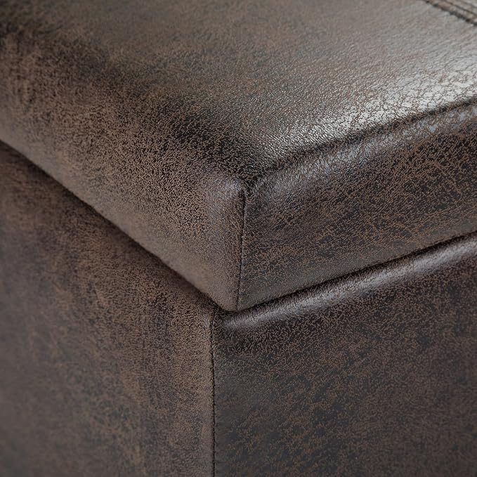 SIMPLIHOME Dover Storage Ottoman Bench - 36 inch Wide Upholstered Vegan Leather Rectangular Lift-Top Ottoman in Distressed Brown, Contemporary Bench for Living Room with Safety Hinges