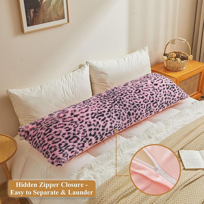 XeGe 20x54 Fluffy Leopard Print Body Pillow Cover, Cheetah Print Plush Fuzzy Faux Fur Body Pillowcase with Zipper, Farmhouse Shaggy Furry Long Pillow Cover for Women Side Sleeper, Black and Pink