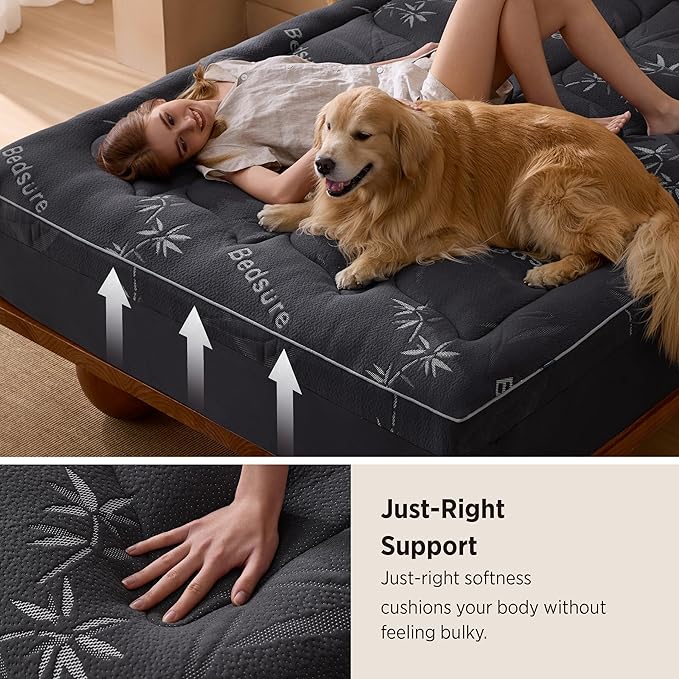 Bedsure Twin Mattress Topper - Viscose Made from Bamboo Ultra Soft Thick Fluffy Pillow Top Mattress Pad with 21 Inch Deep Pocket, Breathable, Moisture Wicking, Black, 39x75 Inch