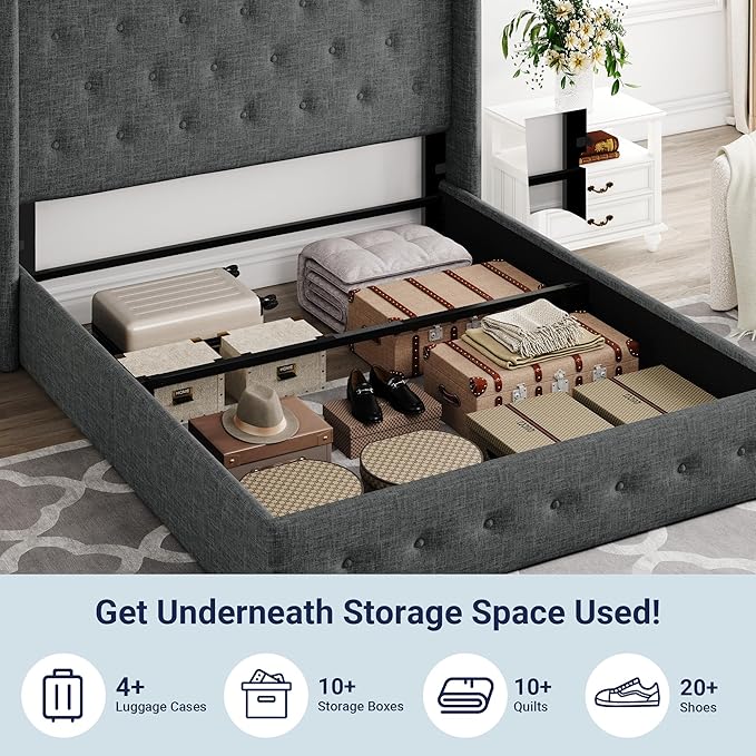 Allewie Queen Size Lift Up Storage Bed, Button Tufted Headboard with Wingback, Hydraulic Support, No Box Spring Needed, Dark Grey