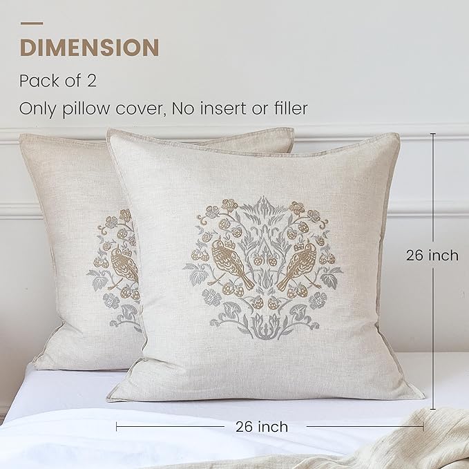 Simple&Opulence 100% Linen Euro Shams 26'' x 26'' Pack of 2, Embroidery Rosefinch Design Natural Flax Farmhouse Decorative Square Throw Pillow Covers for Bed Couch Sofa - Linen