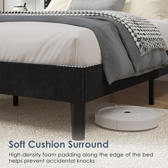 VECELO Queen Size Platform Bed Frame with Height Adjustable Upholstered Headboard, Modern Mattress Foundation,Strong Wood Slat Support, No Box Spring Needed, Easy Assembly,Black
