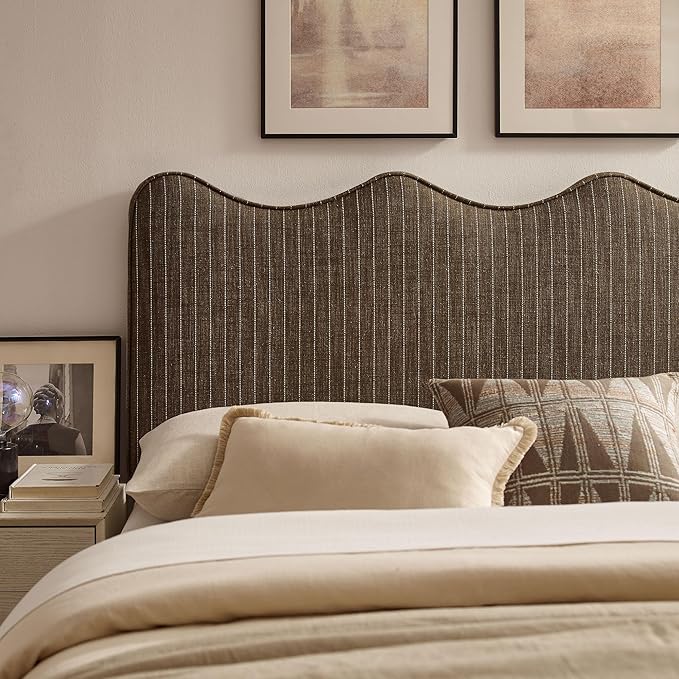 Monday Athena Striped Fabric Upholstered Full Size Adjustable Headboard in Earth Stripe - with Scalloped Wave Design and Soft Linen-Like Fabric