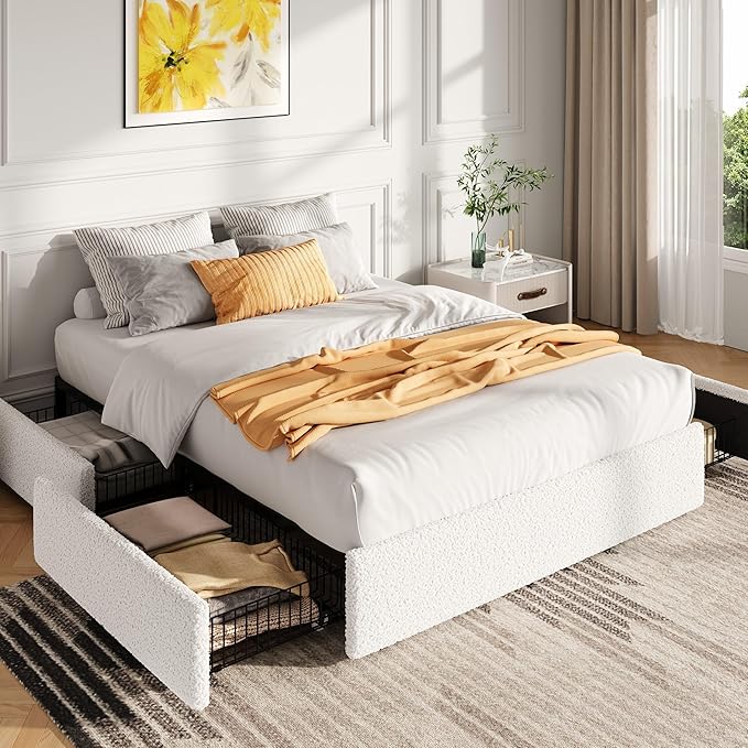 SHA CERLIN Boucle Full Size Bed Frame with 4 Spacious Drawers, Platform Bed with Soft Teddy Fabric Upholstery, Sturdy Wooden Slats Support, No Box Spring Needed, Noise Free, Easy Assembly, White