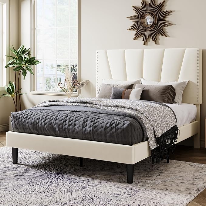 Allewie Full Size Bed Frame with Adjustable Velvet Upholstered Headboard, Rivet-Style Nailhead Trim Detail Platform Bed Frame, Wooden Slat Support, No Box Spring Needed, Easy Assembly, Cream