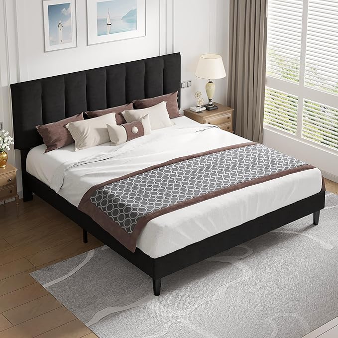 VECELO King Size Bed Frame with Upholstered Headboard, Heavy-Duty Bedframe with Strong Wooden Slats Support, No Boxing Spring Needed, Velvet & Black