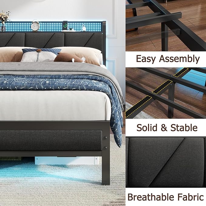 Furnulem Twin Bed Frame with LED Light and Charging Station, Grey Upholstered Storage Headboard with Shelf, Metal Platform Bed with Heavy Duty Slats, No Box Spring Needed, Noise Free & Easy Assembly
