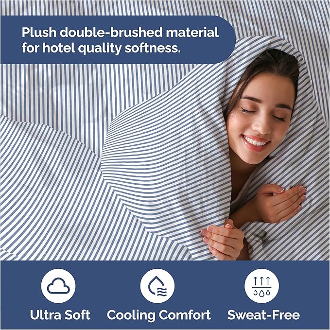 Duvet Cover King Size Set - Extra Soft King Duvet Cover 104" x 90" with 2 Pillow Shams - Hotel Luxury, Easy Care & Fade Free with Zipper Closures & Ties - All Season, Comfy & Breathable (Blue Stripes)