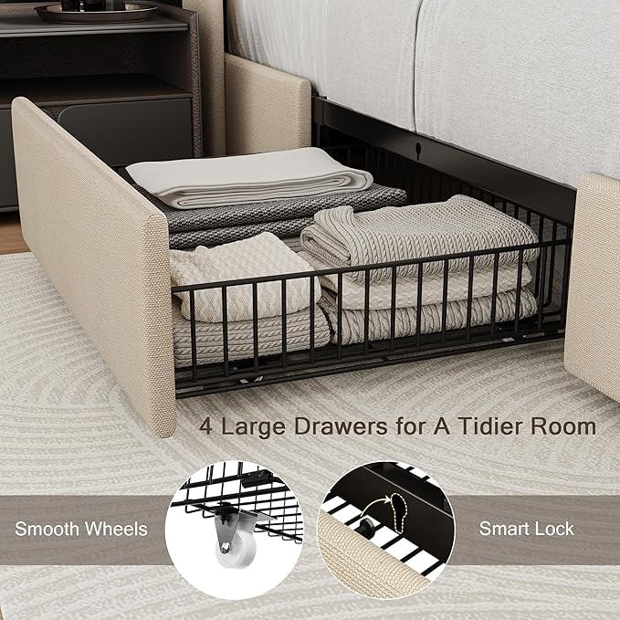 Einhomn Queen Bed Frame with 4 Storage Drawers and Charging Station, Upholstered Platform Bed Frame with Storage Headboard, No Box Spring Needed, Easy Assembly, Beige
