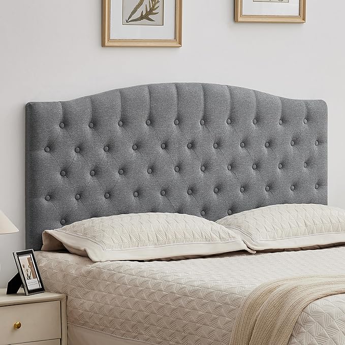 Tufted Upholstered Tall Headboard Queen Size, Sturdy and Durable Solid Wood Bed headboards, Comfortable Linen Fabric Queen Headboard Only, Modern Luxury Button Diamond Design Head Board, Grey
