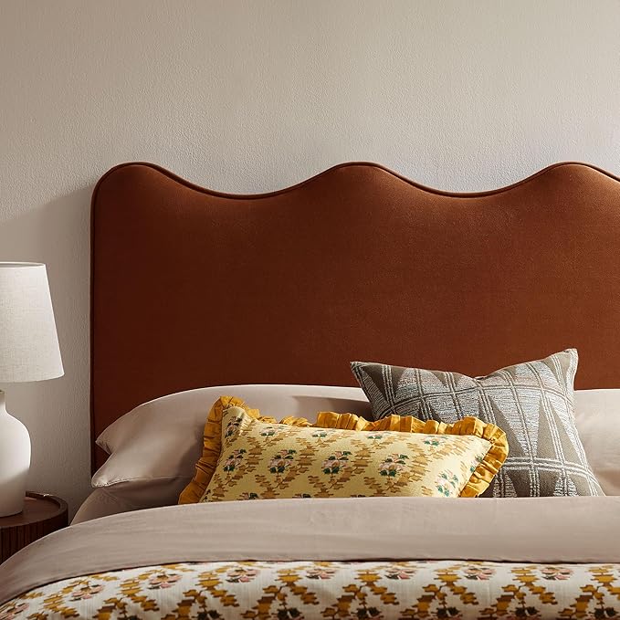 Monday Athena King Size Performance Velvet Adjustable Headboard in Rust - with Scalloped Wave Design and Stain-Resistant Velvet Upholstery