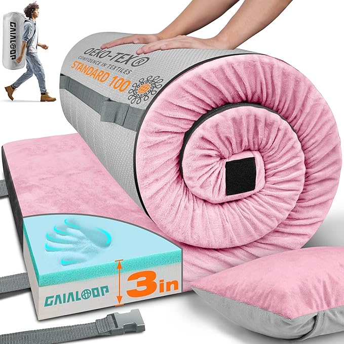 GAIALOOP 3 Inch Memory Foam Camping Mattress, Dual Layer Thick Sleeping Camp Pad for Car Tent Cot, Roll-Up Portable Glamping Floor Bed for Guests Sleepover