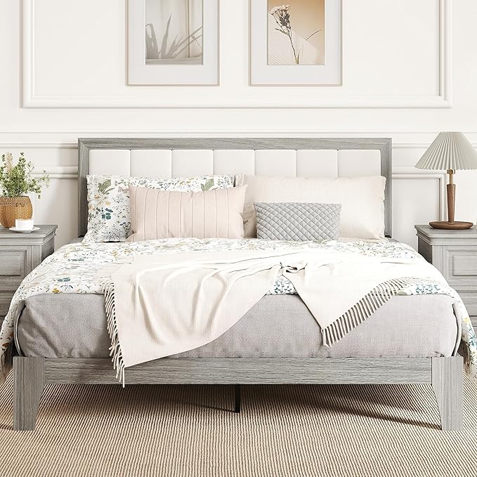 HOMCOM Queen Size Bed Frame with Upholstered Headboard, Platform Bed Frame with Wooden Slats, No Box Spring Needed, Easy Assembly, Gray