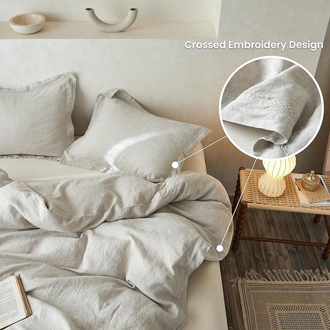 Simple&Opulence 100% Linen Duvet Cover Set with Crossed Embroidery Washed - 3 Pieces (1 Duvet Cover with 2 Pillow Shams) Soft Breathable Farmhouse - Linen, King Size