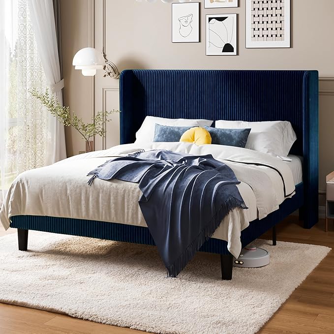 Allewie Full Size Bed Frame with Upholstered Wingback Headboard, Vertical Channel Tufted Corduroy Velvet Platform Bed, Strong Wooden Slats Support, No Box Spring Needed, Easy Assembly, Dark Blue