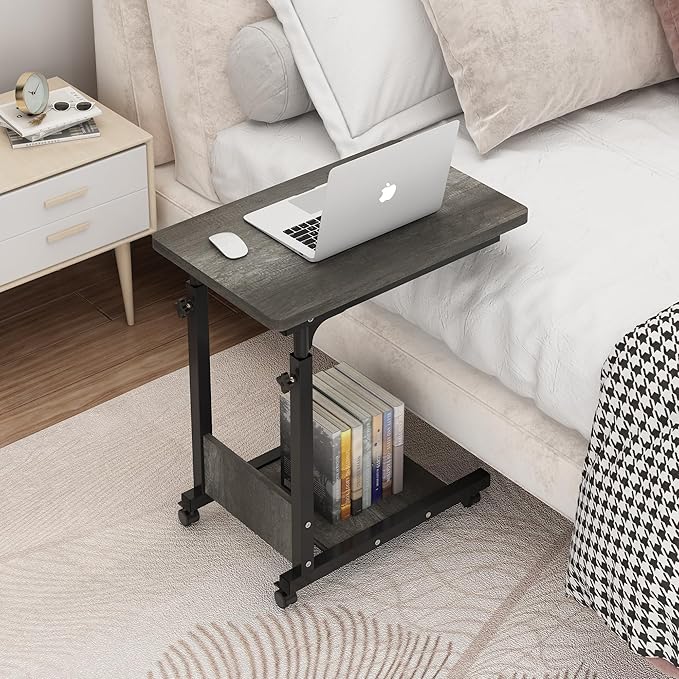 TigerDad Adjustable Height C Table Sofa Side Bedside Table with Wheels, Hospital Bed Table Rolling Tray with Storage, Mobile Computer Desk Laptop Table for Home Use,Gray