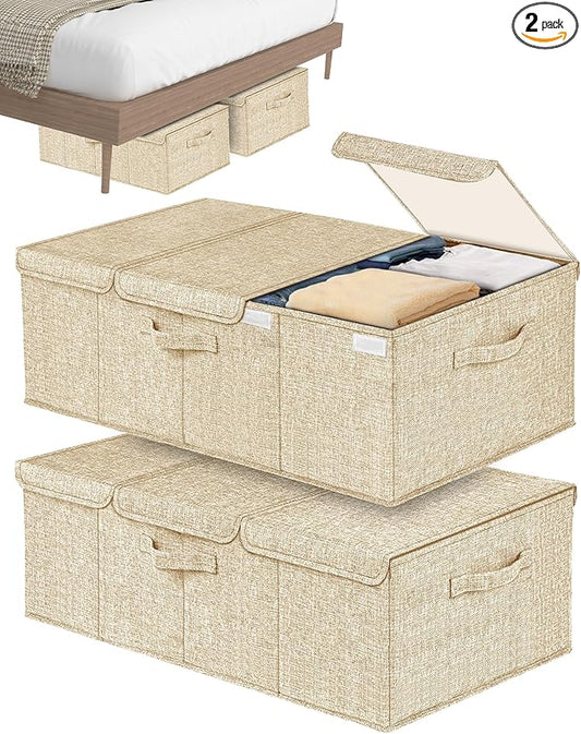 Deep Under Bed Storage Container, 10" Tall Height Underbed Box Bin with Lids 31" Long Large Basket for Under Bed, Bedroom, Dorms, Clothes, Bed sheets, Blankets, 2 Pack, Beige