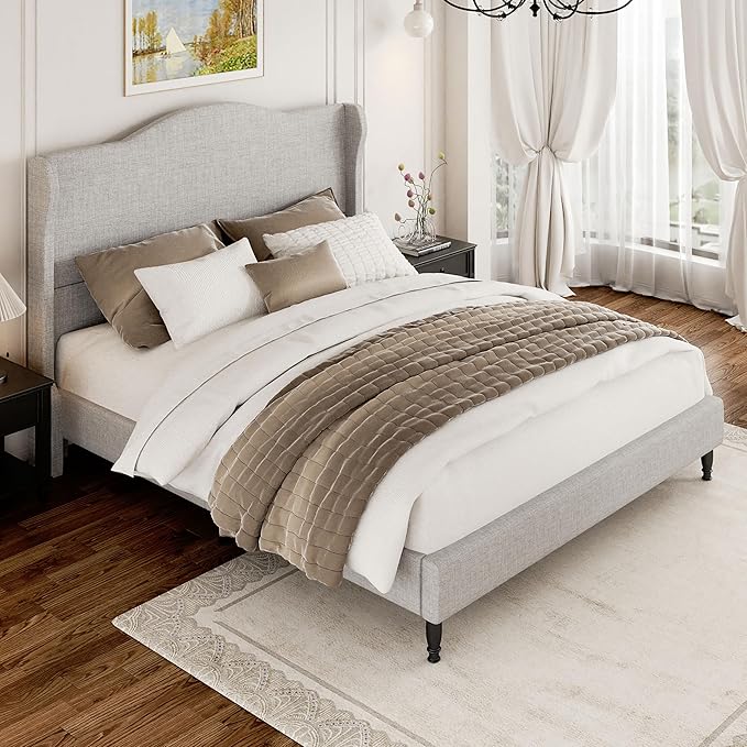 Queen Bed Frame with Headboard, Upholstered Platform Bed with Tall Wingback Headboard, Sturdy Wood Slats Support, Easy Assembly No Box Spring Needed, Modern Style Bed for Bedroom, Beige