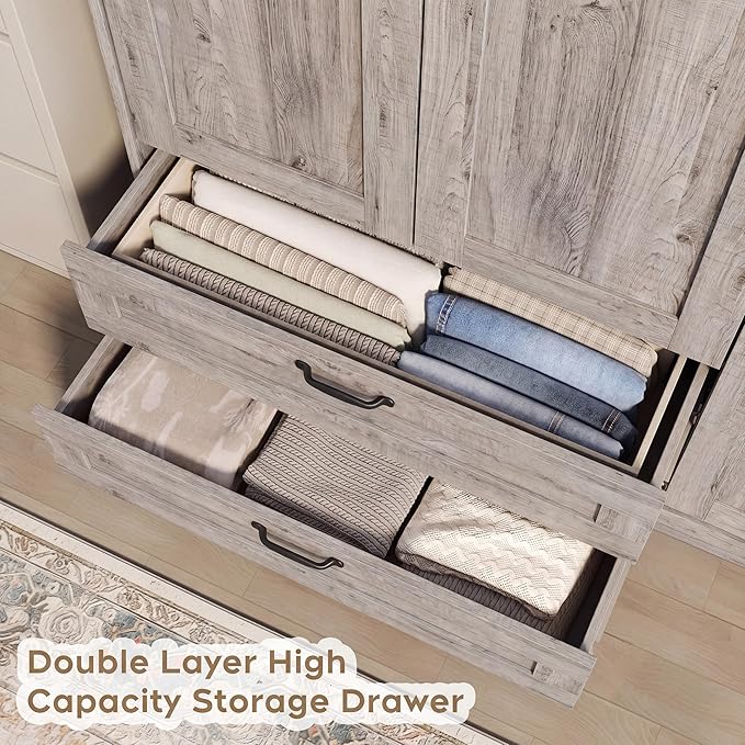 XIAO WEI Armoire Wardrobe Closet with 3 Door, Bedroom Wooden Armoires with Full Length Mirror, Large Clothing Storage Cabinet 2 Drawers, Hanging Rod, Shelves (Gray, 3 Door)
