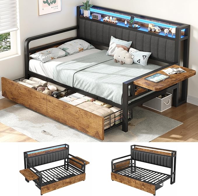 Jocoevol Twin Corner Bed Frame with Storage Drawers and LED Light, Heavy Duty Metal Daybed with Upholstered Storage Headboard & Charging Station, Twin Size Day Bed for Kids Teens Guests, Brown